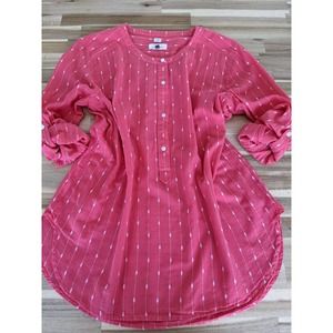 Ann Taylor LOFT Tunic Top Womens Large Pink 3/4 Rolled Sleeves 1/4 Button